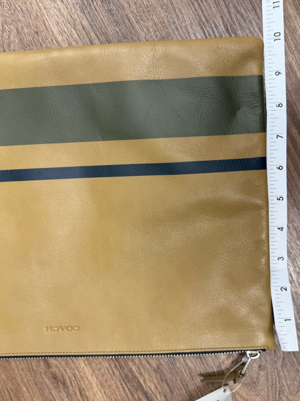 COACH Men's Tan and Olive Leather Zip Pouch with Black Stripes - Picture 11 of 11